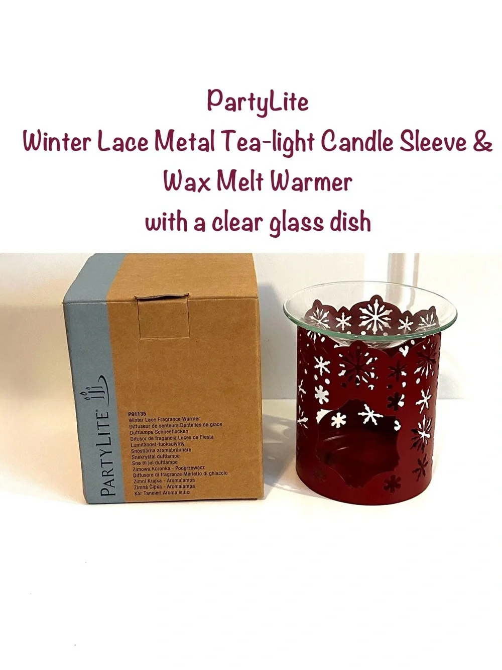PartyLite Winter Lace Metal Tea-Light Sleeve Candle Holder & Glass Wax Warmer